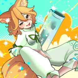 Rule 34 | 1girl, animal ear fluff, animal ears, blonde hair, blue background, blush, breasts, commentary request, fang, feet out of frame, fox ears, fox girl, fox tail, green ribbon, hair between eyes, highres, inubota 21, kudamaki tsukasa, long bangs, looking at viewer, open mouth, ribbon, romper, short hair, short sleeves, skin fang, sleeve ribbon, small breasts, smile, solo, sparkle, tail, test tube, touhou, uneven eyes, white romper, yellow eyes