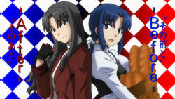 Rule 34 | 00s, 2girls, aged down, aged up, alternate hairstyle, argyle, argyle background, argyle clothes, back-to-back, baguette, basket, bread, carnival phantasm, ciel (tsukihime), crossover, elesia, fate/stay night, fate (series), food, gloves, green eyes, half updo, highres, long hair, multiple girls, non-web source, ponytail, sidelocks, tohsaka rin, tsukihime, type-moon