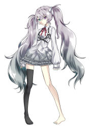 Rule 34 | 1girl, 25-ji miku, absurdres, aqua eyes, aqua nails, asymmetrical legwear, bad id, bad pixiv id, barefoot, black thighhighs, chest harness, commentary, contrapposto, expressionless, frilled skirt, frills, full body, grey hair, grey skirt, harness, hatsune miku, heterochromia, highres, itogari, kei (keigarou) (style), long hair, looking at viewer, nail polish, neck ribbon, parody, pigeon-toed, pleated skirt, project sekai, purple eyes, red ribbon, ribbon, shirt, single thighhigh, skirt, sleeves past wrists, solo, standing, style parody, thighhighs, twintails, very long hair, vocaloid, vocaloid boxart pose, white shirt