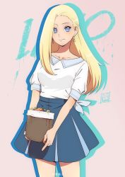Rule 34 | 1girl, basket, blonde hair, blue eyes, blue skirt, breasts, carrying, character name, closed mouth, collarbone, drawinglee, earrings, facing viewer, hair down, happy, holding, holding basket, index finger raised, jewelry, long hair, looking at viewer, medium breasts, miniskirt, naruto, naruto (series), naruto shippuuden, pleated skirt, shadow, shirt, short sleeves, skirt, smile, solo, standing, white shirt, yamanaka ino