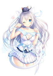 Rule 34 | 1girl, animal, animal ears, animal on head, bare shoulders, blue bow, blue eyes, blush, bow, breasts, cat, cat ears, cat on head, cat tail, choker, cleavage, cropped torso, long hair, looking at viewer, medium breasts, on head, one eye closed, original, pleated skirt, silver hair, skirt, smile, solo, strapless, tail, white background, wrist cuffs, zizi (zz22)