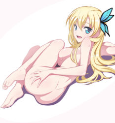 Rule 34 | 10s, 1girl, ass, ass grab, back, barefoot, blonde hair, blue eyes, boku wa tomodachi ga sukunai, breast press, breasts, butterfly hair ornament, caryo, feet, from behind, grabbing own ass, hair ornament, kashiwazaki sena, large breasts, long hair, long legs, looking back, lying, nanashino, nude, on side, open mouth, shadow, simple background, soles, solo, sweat, white background