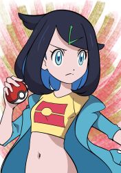 Rule 34 | 1girl, adapted costume, black hair, colored inner hair, commentary request, cowlick, creatures (company), cropped shirt, game freak, green jacket, hainchu, hair ornament, hairclip, hand up, highres, holding, holding poke ball, jacket, liko (pokemon), looking to the side, midriff, multicolored hair, navel, nintendo, open clothes, open jacket, poke ball, poke ball (basic), pokemon, pokemon (anime), pokemon horizons, print shirt, shirt, solo, upper body, yellow shirt