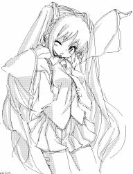 Rule 34 | 1girl, breasts, detached sleeves, female focus, greyscale, hatsune miku, long hair, monochrome, necktie, skirt, solo, twintails, very long hair, vocaloid, white background, wink, zizi (zz22)
