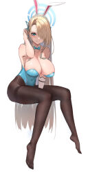 Rule 34 | 1girl, animal ears, areola slip, asuna (blue archive), asuna (bunny) (blue archive), black pantyhose, blonde hair, blue archive, blue eyes, bow, bowtie, breasts, cleavage, commentary, covered navel, detached collar, fake animal ears, feet, floating, full body, hair over one eye, hair ribbon, halo, hand in own hair, highres, large areolae, large breasts, lcx123, legs, leotard, long hair, looking at viewer, mole, mole on breast, no shoes, pantyhose, playboy bunny, ribbon, sitting, smile, solo, toes, very long hair, white background