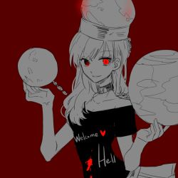 Rule 34 | 1girl, chain, clothes writing, collar, globe, grin, hat, heart, hecatia lapislazuli, long hair, looking at viewer, monochrome, nr (cmnrr), red background, red eyes, shirt, sketch, skirt, smile, solo, spot color, touhou, upper body