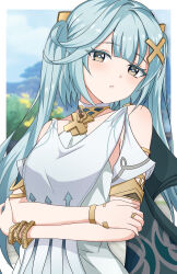 Rule 34 | 1girl, aqua hair, bare shoulders, border, clothing cutout, commentary, crossed arms, dress, faruzan (genshin impact), genshin impact, hair ornament, highres, long hair, looking at viewer, midori (user nsaz3272), parted lips, short sleeves, shoulder cutout, solo, symbol-shaped pupils, triangle-shaped pupils, twintails, upper body, white border, white dress, x hair ornament, yellow eyes