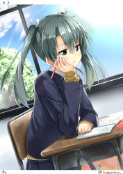 Rule 34 | 10s, 1girl, alternate costume, blazer, blush, book, brown eyes, chair, head rest, contemporary, desk, dutch angle, green hair, hair ribbon, hand on own cheek, hand on own face, head rest, hino (2nd life), indoors, jacket, kantai collection, long hair, long sleeves, open mouth, parted lips, pencil, pencil case, pleated skirt, ribbon, school uniform, sitting, skirt, solo, studying, twintails, white ribbon, zuikaku (kancolle)