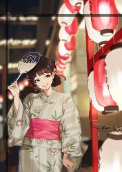 Rule 34 | 1girl, absurdres, blurry, blurry background, brown eyes, brown hair, cokio, earrings, hair ribbon, hand fan, highres, japanese clothes, jewelry, kimono, lantern, lips, looking to the side, obi, original, parted lips, ribbon, sash, solo, standing, upper body