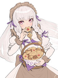 Rule 34 | 1girl, apron, basket, braid, checkerboard cookie, commentary, cookie, cowboy shot, dress, eating, fire emblem, fire emblem: three houses, fire emblem heroes, food, gonzarez, grey apron, highres, holding, holding basket, holding food, juliet sleeves, long hair, long sleeves, looking at viewer, lysithea von ordelia, lysithea von ordelia (tea party), maid, maid headdress, nintendo, pink eyes, puffy sleeves, simple background, solo, standing, twin braids, very long hair, white background, white dress, white hair