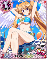 Rule 34 | 1girl, ahoge, angel, angel wings, armpits, arms behind head, bare shoulders, blush, breasts, card (medium), character name, chess piece, cleavage, covered erect nipples, female focus, halo, high school dxd, large breasts, long hair, looking at viewer, navel, official art, orange hair, purple eyes, race queen, rook (chess), shidou irina, smile, solo, trading card, twintails, underboob, very long hair, white wings, wings