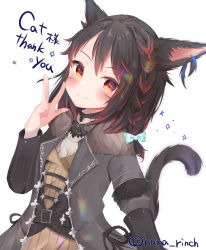 Rule 34 | 1girl, animal ear fluff, animal ears, warrior of light (ff14), bad id, bad pixiv id, black hair, bow, braid, cat ears, cat tail, coat, commission, final fantasy, final fantasy xiv, fur-trimmed coat, fur trim, hair bow, highres, multicolored hair, open clothes, open coat, orange eyes, short hair, skeb commission, smile, tail, two-tone hair, vanilahm (hana rinch)