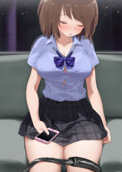 Rule 34 | 1girl, black skirt, blush, bra, bra peek, bra visible through clothes, breasts, brown hair, cellphone, cleavage, collared shirt, commentary request, drooling, closed eyes, kaisen chuui, large breasts, open mouth, original, phone, pink bra, plaid, plaid skirt, pleated skirt, school uniform, shirt, shirt tucked in, short hair, short sleeves, sitting, skirt, sleeping, solo, thighs, underwear, white shirt