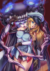 Rule 34 | 10s, 2girls, abyssal ship, bad id, bad pixiv id, bismarck (kancolle), bite mark, biting, black panties, blonde hair, blood, blue eyes, cape, detached sleeves, fangs, gloves, hat, highres, impossible clothes, kantai collection, long hair, looking at viewer, military, military hat, military uniform, multiple girls, open mouth, panties, peaked cap, smarms, underwear, uniform, vampire, wo-class aircraft carrier