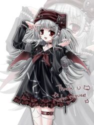 Rule 34 | 1girl, animal hat, black dress, black sailor collar, cat, cat hat ornament, chain, choker, commission, cowboy shot, dress, fang, frilled shirt collar, frills, grey hair, hajang68, hat, highres, jewelry, long hair, long sleeves, looking at viewer, multiple rings, neckerchief, open mouth, original, red eyes, red hat, red neckerchief, red wings, ring, sailor collar, solo, standing, thigh strap, twitter username, two side up, watermark, wings