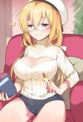 Rule 34 | 10s, 1girl, ahoge, blonde hair, blue eyes, blush, book, breasts, cleavage, cleavage cutout, clothing cutout, covered erect nipples, glasses, hat, i-8 (kancolle), ichihaya, kantai collection, large breasts, long hair, meme attire, open-chest sweater, ribbed sweater, school swimsuit, sitting, solo, sweater, swimsuit, swimsuit under clothes, turtleneck