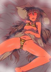 Rule 34 | 1girl, bed, bikini, cameltoe, closed eyes, fang, female focus, from above, highres, long hair, lying, micro bikini, on back, on bed, open mouth, pillow, sleeping, solo, spread legs, sweat, swimsuit, very long hair, waruiihto