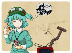 Rule 34 | 1girl, blue eyes, blue hair, english text, female focus, fujinoki (horonabe-ken), gears, goggles, hair bobbles, hair ornament, hat, holding, holding screwdriver, imagining, jitome, kawashiro nitori, matching hair/eyes, screwdriver, shimo fuji, skirt, solo, television, thought bubble, touhou, twintails, two side up, upper body