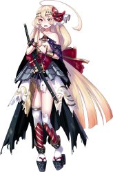 Rule 34 | 1girl, ahoge, bare shoulders, blonde hair, blush, breasts, cleavage, full body, hair ribbon, hand on own cheek, hand on own face, holding, holding sword, holding weapon, katana, long hair, low-tied long hair, mask, mask on head, matsukura (oshiro project), official art, oshiro project:re, oshiro project:re, purple eyes, ribbon, sheath, sheathed, sheep sleep, solo, sword, tengu mask, thighhighs, torn clothes, transparent background, very long hair, weapon