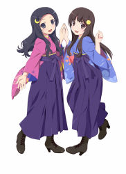 Rule 34 | 2girls, absurdres, alice (claris), black footwear, blue eyes, blue hair, brown eyes, brown hair, clara (claris), claris (group), dress, forehead, hair ornament, hairclip, high heels, highres, holding hands, japanese clothes, long dress, long hair, long sleeves, looking at viewer, multiple girls, official art, open mouth, shoes, simple background, smile, watanabe akio, white background