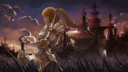 Rule 34 | 1girl, absurdres, armor, blonde hair, city, closed mouth, cloud, cowboy shot, evening, eyelashes, fantasy, field, from side, gauntlets, gem, grass, hands on hilt, highres, long hair, looking ahead, original, outdoors, paladin, planted, planted sword, planted weapon, plate armor, ponytail, purple sky, sbbs, scrunchie, sidelocks, sky, solo, spire, sword, twilight, weapon, white armor