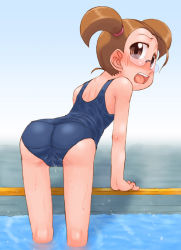 Rule 34 | 1girl, arm support, ass, bent over, blue one-piece swimsuit, blush, brown eyes, brown hair, from behind, glasses, long hair, looking at viewer, looking back, ojamajo doremi, one-piece swimsuit, open mouth, pool, school swimsuit, shimakura kaori, solomon k, swimsuit, teeth, twintails, water, wet