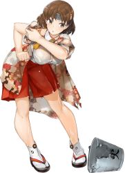 Rule 34 | 10s, 1girl, breasts, brown hair, bucket, chiyoda (kancolle), female focus, full body, headband, japanese clothes, kantai collection, kimono, kuuro kuro, large breasts, official art, sandals, short hair, solo, torn clothes, transparent background, wet, wet clothes, yukata