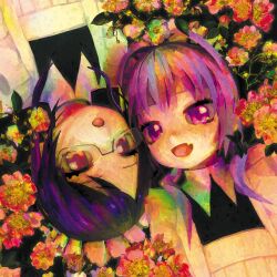 Rule 34 | 2girls, :o, commentary, english commentary, fang, flower, from above, glasses, looking at viewer, lying, maid, medium hair, multiple girls, on back, open mouth, original, purple eyes, purple hair, skin fang, ufoshock