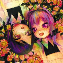 2girls :o commentary english_commentary fang flower from_above glasses looking_at_viewer lying maid medium_hair multiple_girls on_back open_mouth original purple_eyes purple_hair skin_fang ufoshock