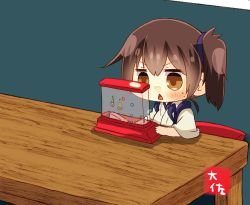 Rule 34 | 1girl, artist name, bad id, bad twitter id, brown eyes, brown hair, chair, commentary request, japanese clothes, kaga (kancolle), kantai collection, long hair, playing games, side ponytail, sitting, solo, table, taisa (kari), tasuki, toy, triangle mouth, upper body, waterful ring-toss
