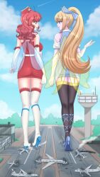 Rule 34 | 2girls, aircraft, airplane, airport, blonde hair, blue wings, destruction, fairy, fairy wings, garter belt, giant, giantess, green wings, high heels, highres, multiple girls, red hair, sky, stepped on, tagme, thighhighs, travel attendant, vehicle, wings