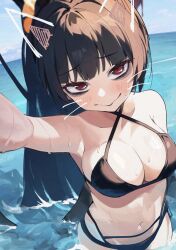 Rule 34 | 1girl, armpit crease, bags under eyes, bare shoulders, bikini, black bikini, black hair, blue archive, blush, breasts, cleavage, closed mouth, collarbone, commentary request, criss-cross halter, day, dio nand, from above, halterneck, highres, large breasts, long hair, navel, ocean, outdoors, ponytail, red eyes, selfie, side-tie bikini bottom, smile, solo, stomach, sunlight, swimsuit, tsurime, tsurugi (blue archive), tsurugi (swimsuit) (blue archive), very long hair, water, wavy mouth, wet