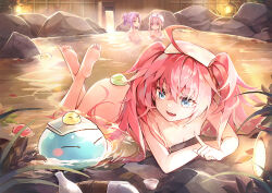 Rule 34 | 1other, 3girls, ahoge, ass, barefoot, bathing, black horns, blue eyes, blush stickers, breasts, bucket, chinese commentary, cleavage, commentary request, completely nude, crossed bangs, cup, fang, feet, hair between eyes, hair up, holding, horns, huge ahoge, index finger raised, lantern, large breasts, light purple hair, long hair, looking at another, lying, milim nava, miya (zawarudo), multiple girls, nude, on ass, on stomach, onsen, open mouth, partial commentary, partially submerged, pink eyes, pink hair, purple eyes, rimuru tempest, rock, shion (tensei shitara slime datta ken), shuna (tensei shitara slime datta ken), single horn, skin fang, slime (creature), small breasts, smile, soles, steam, tensei shitara slime datta ken, the pose, toes, towel, towel on head, twintails, very long hair, water, waterfall, white horns