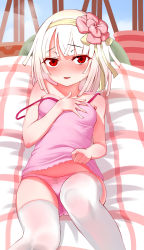 Rule 34 | 1girl, absurdres, bakemonogatari, blonde hair, blush, bow, bow panties, breasts, brown eyes, brown hair, clothes lift, dress, dress lift, female focus, flower, hair flower, hair ornament, highres, lifting own clothes, looking at viewer, lying, monogatari (series), note2000, off shoulder, on back, panties, pink dress, sengoku nadeko, small breasts, solo, thighhighs, underwear, white thighhighs