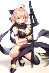 Rule 34 | 1girl, ahoge, armband, bare shoulders, bikini, black bikini, black footwear, black gloves, black scarf, blonde hair, boots, bow, breasts, cleavage, elbow gloves, fate/grand order, fate (series), feet, gloves, hair bow, hand up, highleg, highleg bikini, highres, holding, holding sword, holding weapon, katana, large breasts, looking at viewer, navel, okita j. souji (fate), okita j. souji (first ascension) (fate), okita souji (fate), okita souji (koha-ace), pdxen, scarf, sheath, sheathed, short hair, sidelocks, single glove, skindentation, smile, solo, squatting, swimsuit, sword, thigh boots, thighhighs, thighs, toeless footwear, toes, weapon, yellow eyes