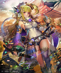 Rule 34 | 1girl, armor, armpits, asymmetrical legwear, bare shoulders, bird, blush, branch, breasts, clenched hand, cloud, cloudy sky, crown, detached sleeves, feather hair ornament, feathers, fingernails, flower, green hair, hair ornament, holding, holding sword, holding weapon, impossible clothes, katana, large breasts, liduke, long hair, looking at viewer, official art, outdoors, parted lips, purple eyes, sengoku saga, short shorts, shorts, single thighhigh, sky, solo, standing, sunset, sword, thighhighs, uneven legwear, walking, watermark, weapon