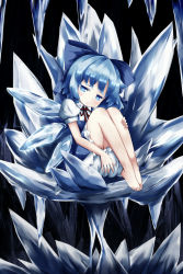 Rule 34 | 1girl, barefoot, bloomers, blue eyes, blue hair, bow, cirno, cocozasa, dress, hair bow, ice, matching hair/eyes, open mouth, short hair, snowflakes, solo, touhou, underwear, wings
