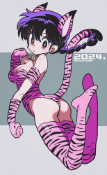 Rule 34 | 1girl, animal print, ass, bell, breasts, cleavage, dated, hair between eyes, large breasts, ranma-chan, ranma 1/2, sasaki tomomi, solo, tail, tiger print, tiger tail, twitter username