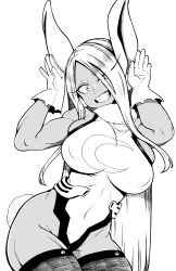 Rule 34 | 1girl, :d, absurdres, animal ears, arms up, bare shoulders, boku no hero academia, breasts, covered erect nipples, covered navel, crescent print, dark-skinned female, dark skin, fur collar, gloves, greyscale, hair over one eye, highleg, highleg leotard, highres, himajin noizu, large breasts, leotard, long eyelashes, long hair, looking at viewer, mirko, monochrome, open mouth, parted bangs, rabbit ears, rabbit girl, rabbit pose, rabbit tail, skindentation, sleeveless turtleneck leotard, smile, solo, tail, teeth, thighhighs, thighs, toned, very long hair, white gloves, white hair