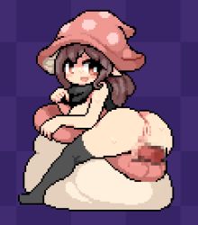 Rule 34 | 1girl, animated, animated gif, anus, ass, bluelab, brown eyes, brown hair, censored, disembodied penis, lowres, milkyquest, mushroom, penis, pixel art, thick thighs, thighs