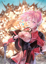 Rule 34 | 1girl, ;), axe, blue heart, breasts, cleavage cutout, closed mouth, clothing cutout, commentary request, corset, dress, earrings, explosion, fire emblem, fire emblem: three houses, fire emblem warriors, fire emblem warriors: three hopes, floating hair, gloves, hair bun, hand on own hip, heart, hilda valentine goneril, holding, holding axe, holding weapon, hoop earrings, jewelry, large breasts, looking at viewer, nintendo, one eye closed, pink dress, pink eyes, pink gloves, pink hair, ponytail, single hair bun, smile, solo, t misaomaru, twitter username, weapon