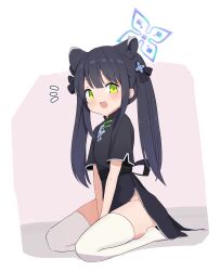 Rule 34 | 1girl, :d, absurdres, animal ears, ass, black dress, black hair, blue archive, blunt bangs, bow, china dress, chinese clothes, commentary request, dress, green eyes, groin, hair between eyes, hair bow, hair ornament, hair ribbon, halo, highres, long hair, looking at viewer, open mouth, patanda, ribbon, short sleeves, shun (blue archive), shun (small) (blue archive), sidelocks, simple background, sitting, smile, solo, thighhighs, tiger ears, tiger girl, twintails, two-tone background, wariza, white thighhighs