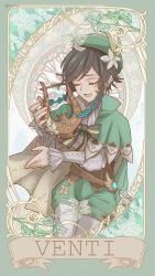 Rule 34 | 1boy, androgynous, art nouveau, bard, beret, black hair, blue hair, border, braid, brooch, cape, character name, closed eyes, collared cape, commentary request, corset, flower, frilled sleeves, frills, genshin impact, gradient hair, green border, green cape, green hat, green shorts, hat, hat flower, highres, holding, holding instrument, instrument, jewelry, juliet sleeves, long sleeves, lyre, male focus, multicolored hair, music, open mouth, pantyhose, playing instrument, puffy sleeves, shirt, short hair with long locks, shorts, side braids, twin braids, venti (genshin impact), white flower, white pantyhose, white shirt, zeeeta6