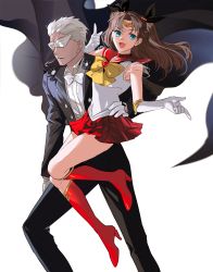 Rule 34 | 1boy, 1girl, 9sui, :d, archer (fate), bishoujo senshi sailor moon, black ribbon, blue eyes, boots, bow, bowtie, brown hair, cape, choker, circlet, cosplay, dark-skinned male, dark skin, fate/stay night, fate (series), gloves, hair ribbon, highres, knee boots, magical girl, mask, open mouth, red footwear, ribbon, sailor mars, sailor mars (cosplay), sailor senshi, sailor senshi (cosplay), short hair, simple background, skirt, smile, tiara, tohsaka rin, tuxedo kamen, tuxedo kamen (cosplay), twintails, two side up, unofficial sailor senshi uniform, white background, white gloves, white hair
