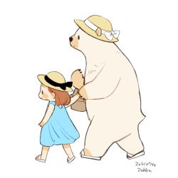 Rule 34 | 1girl, animal, arm at side, arm up, bag, bare arms, bare shoulders, bear, black bow, black ribbon, blue dress, bow, brown bag, brown hair, closed mouth, commentary, dated, dress, ears through headwear, from side, full body, hair behind ear, handbag, hands up, hat, hat bow, hat ribbon, heel up, highres, holding, holding bag, long hair, original, outstretched arm, polar bear, profile, ribbon, sandals, signature, simple background, sleeveless, sleeveless dress, smile, standing, summer, sun hat, sundress, walking, white background, white bow, white footwear, white ribbon, zakka (d-o-t)