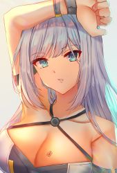 Rule 34 | 1girl, bikini, blue eyes, breast tattoo, breasts, cleavage, closed mouth, edamameoka, ethel (xenoblade), highres, large breasts, long hair, looking at viewer, simple background, solo, swimsuit, tattoo, upper body, very long hair, white background, xenoblade chronicles (series), xenoblade chronicles 3