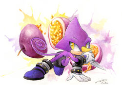 Rule 34 | 1boy, artist name, dated, espio the chameleon, finik, food, fruit, furry, furry male, gloves, highres, holding, holding weapon, horns, kunai, passion fruit, shoes, signature, single horn, solo, sonic (series), watermark, weapon, white gloves