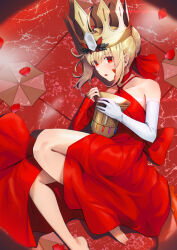 Rule 34 | 1girl, bare shoulders, barefoot, blonde hair, blush, braid, chalice, commentary request, crown, cup, detached sleeves, dress, elbow gloves, fate/grand order, fate (series), foot out of frame, french braid, gloves, chalice, hair between eyes, hair intakes, halterneck, highres, holding, holding cup, legs, looking at viewer, lying, nakaga eri, nero claudius (fate), nero claudius (fate) (all), petals, pointy ears, queen draco (fate), queen draco (first ascension) (fate), red dress, red eyes, red sleeves, short hair, solo, toes, white gloves