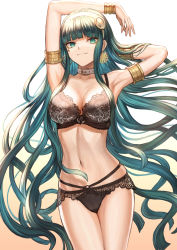 Rule 34 | 1girl, arm behind head, armlet, armpits, arms up, bare shoulders, belt collar, black bra, black panties, blunt bangs, blush, bra, bracelet, breasts, buckle, cleavage, cleopatra (fate), closed mouth, collar, collarbone, commentary request, cowboy shot, earrings, fate/grand order, fate (series), gradient background, green eyes, green hair, groin, hairband, highres, hip focus, hoop earrings, jewelry, lace, lace-trimmed bra, lace-trimmed panties, lace trim, large breasts, lingerie, long hair, looking at viewer, mashuu (neko no oyashiro), navel, necklace, panties, signature, smile, solo, stomach, thighs, underwear, underwear only, very long hair