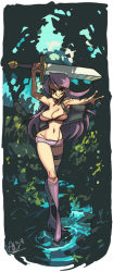 Rule 34 | 1girl, alex ahad, bare shoulders, boots, breasts, cleavage, dappled sunlight, forest, full body, knee boots, large breasts, crossed legs, nature, navel, outstretched hand, pink hair, short shorts, shorts, signature, skull, narrow waist, solo, standing, sunlight, sword, tattoo, weapon